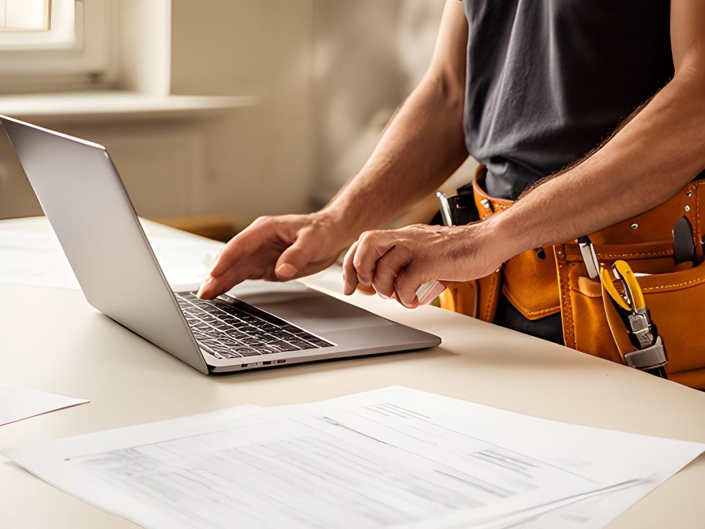 Detailaufnahme eines Wiener Handwerkers mit Dokumenten, Laptop und Werkzeuggürtel auf einem hellen Arbeitstisch